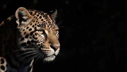 A close-up view of a jaguar's head, its spotted coat contrasted against a dark background
