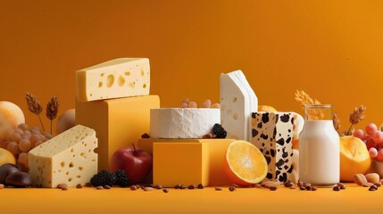Variety of cheese with fruits, nuts, and milk on vibrant orange background.