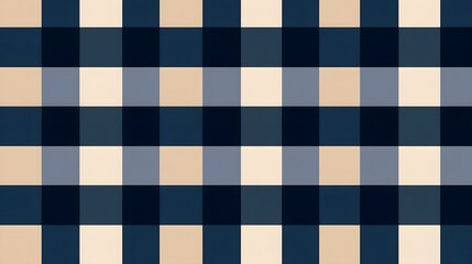 Seamless buffalo check pattern in dark navy, beige, and dusty blue, featuring large squares for a sophisticated, cozy, and masculine textile-style background.