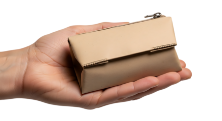 A small beige leather coin purse held in a persons hand, isolated on transparent background