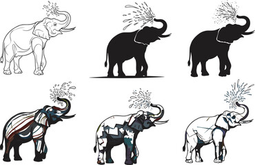 Elephant vector illustration, stylized animal design, colorful abstract elephant, silhouette and line art, water spray, creative wildlife art, stock graphics