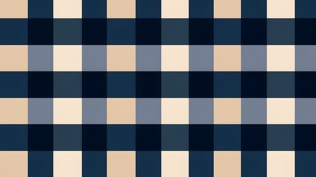 Seamless buffalo check pattern in dark navy, beige, and dusty blue, featuring large squares for a sophisticated, cozy, and masculine textile-style background.