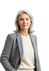 Senior caucasian female consultant with silver-streaked hair, tweed blazer, gentle smile, empathetic eyes, on white studio background with copy space, concept of empathetic leadership