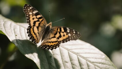 Obraz premium A butterfly with patterned wings rests on a large green leaf, outdoors, with blurred green background
