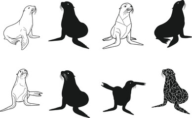 Sea lion vector set, stylized marine animal illustrations, abstract sea lion poses, silhouette, line art, geometric, wildlife design elements