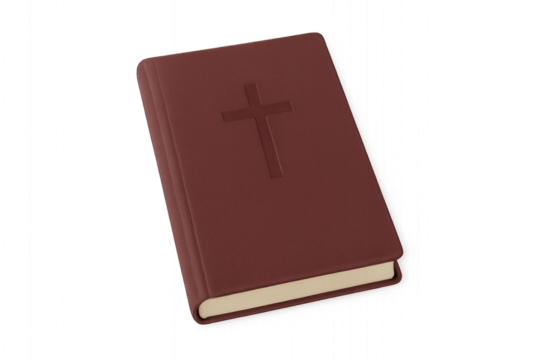 Yom Kippur - generic prayer book closed, pure white background. Brown leather-bound Bible with cross emblem on cover  