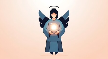 Angel holding a glowing light in hands with wings and halo.