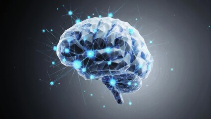 3D rendering of a low-poly brain with connected glowing nodes on a dark background