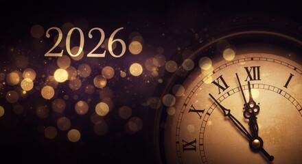 happy new year 2026 countdown clock on abstract glittering midnight sky with copy space, New Year Celebration festive party invitation card concept for new years eve 