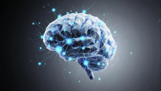 3D rendering of a low-poly brain with connected glowing nodes on a dark background