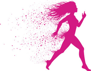 Creative running woman silhouette with splatter effect, abstract female athlete art, symbol of fitness, energy, speed, determination, health, strength, motivation