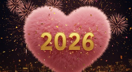 Happy New year Celebrating Golden Numbers 2026 On Soft Heart shape Pillow On Fireworks and sparkling Background New Year 2026 