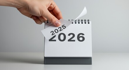 New Year Concept ,  a woman's hand turns over a calendar sheet. year change from 2025 to 2026 on white background 
