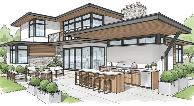 Architectural Sketch of a Modern Home with Outdoor Kitchen and Patio.