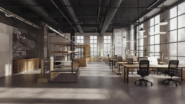 Modern Industrial Office Space with Desks and Chairs. footage video
