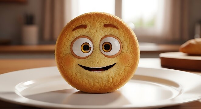 Animated bread character smiling on a white plate in a kitchen setting.