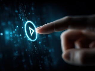 Finger pressing glowing play button on digital interface Futuristic UI with neon play icon triggered by human touch; ideal for media startups, technology innovation, or UX design concepts.