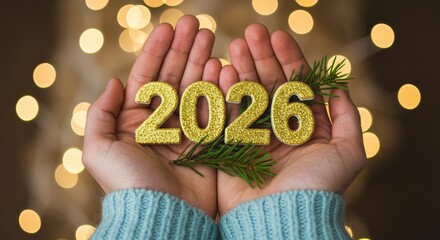 Female Hand Holding New Year 2026 Numbers In Hand On Golden Bokeh Background, new years eve, Celebrating 