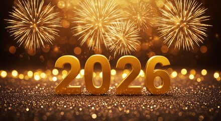 Celebrate 2026 fireworks with glittering numbers against sparkling bokeh background, new years eve