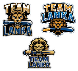 Team Lanka Lion Mascot Logo Set with Baseball Bat Sports Emblem Badge Vector Design Collection