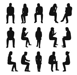 Collection of diverse people silhouettes sitting and standing isolated on transparent background