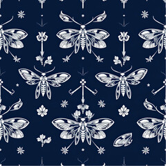 A repeating,  geometric pattern of stylized  death's-head moths, flowers and graphic motifs, by high contrast white lines on a dark blue background.eps