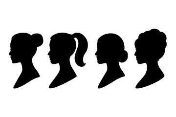 Four female silhouettes with different hairstyles isolated on transparent background