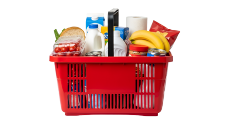 Plastic shopping basket filled with groceries and daily products, isolated on white background, realistic lighting