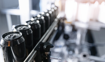Naklejka premium Automated beer canning line in modern brewery, banner drink food industry