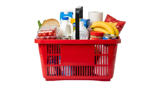 Plastic shopping basket filled with groceries and daily products, isolated on white background, realistic lighting