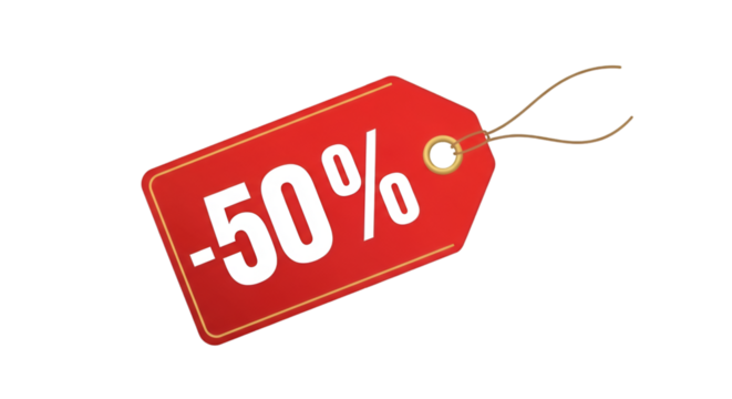 Red discount price tag with percentage sign and string, isolated on white background, PNG with shadow