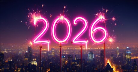 Bright neon digits display year 2026 above city skyline. Fireworks illuminate festive nighttime scene. Vibrant colors dominate composition.
