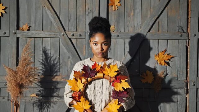 Young woman holding a wreath of autumn leaves, standing in front of a wooden barn door, celebrating the fall season. footage video