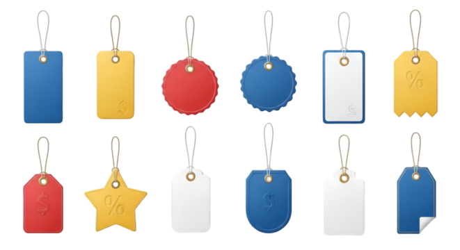 Set of hanging price tags in various shapes and colors, with string loops, isolated on white background, realistic design