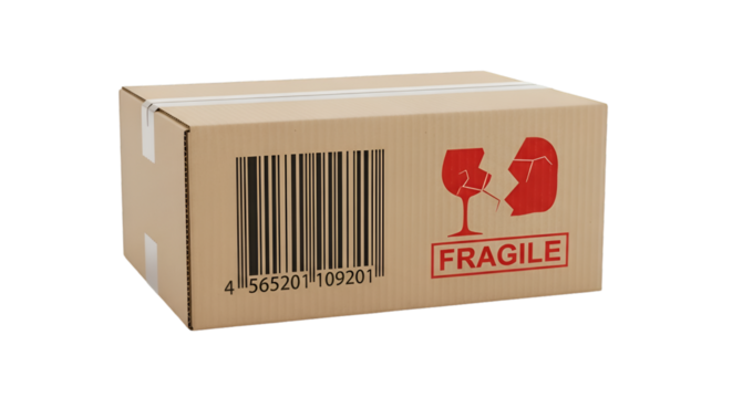 Closed cardboard delivery package with printed barcode and fragile symbol, isolated on white background, PNG mockup