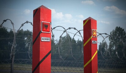 Border posts with flags of Albania and North Macedonia - 3d illustration
