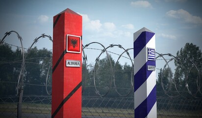 Border posts with flags of Albania and Greece - 3d illustration