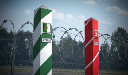 Border posts with flags of Algeria and Tunisia - 3d illustration