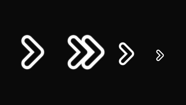 Series of White Neon Arrows Pointing Right in Graduating Sizes on Black Background glowing  4k video .
