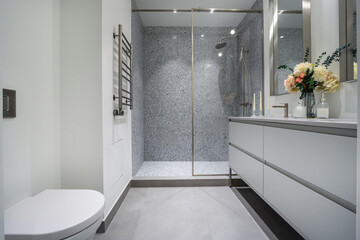 A stylish bathroom features a spacious glass shower, elegant tile walls, sleek cabinetry, and...