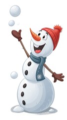 Snowman joyfully playing with snowballs on a transparent background