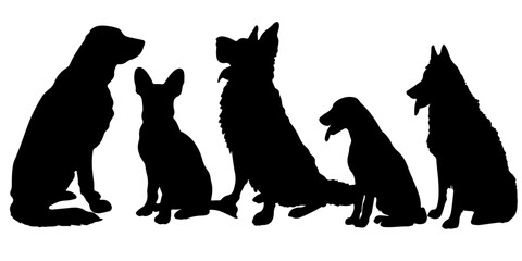 Diverse group of five dog breeds sitting together in a black silhouette style