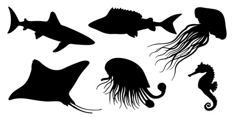 Collection of diverse marine life creatures in a striking black silhouette style