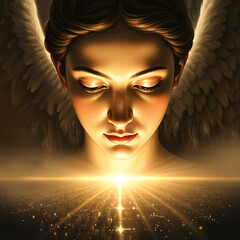 Serene face of angel illuminated from below with golden light  
