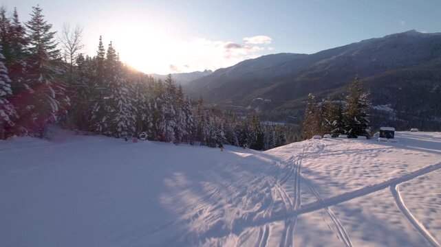 Skier snowboarder downhill ski mountain, Whistler mountain, snow, ski, winter sport, sunset. 4 24FPS