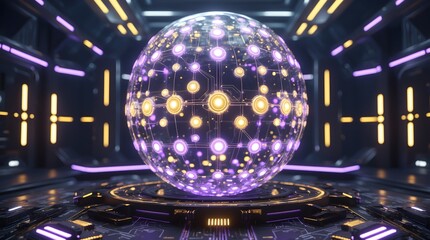 Cinematic digital artwork depicting glowing holographic data sphere levitating over high-tech platform surrounded by radiant circuits in surreal atmosphere