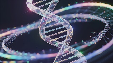 Sci-fi concept illustration depicting luminous translucent DNA structure with neon energy patterns and cosmic holographic particles in dark space environment