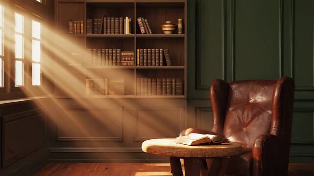 Cozy Study Room with Sunlight Streaming Through Window and Bookshelves. footage video