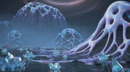 Surreal cosmic landscape with glowing neural networks forming mountains of bioluminescent synapses under neon blue and violet sky in cinematic sci-fi style