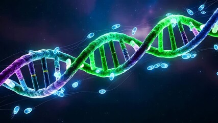 A colorful double helix dna structure with glowing particles in the background - Powered by Adobe